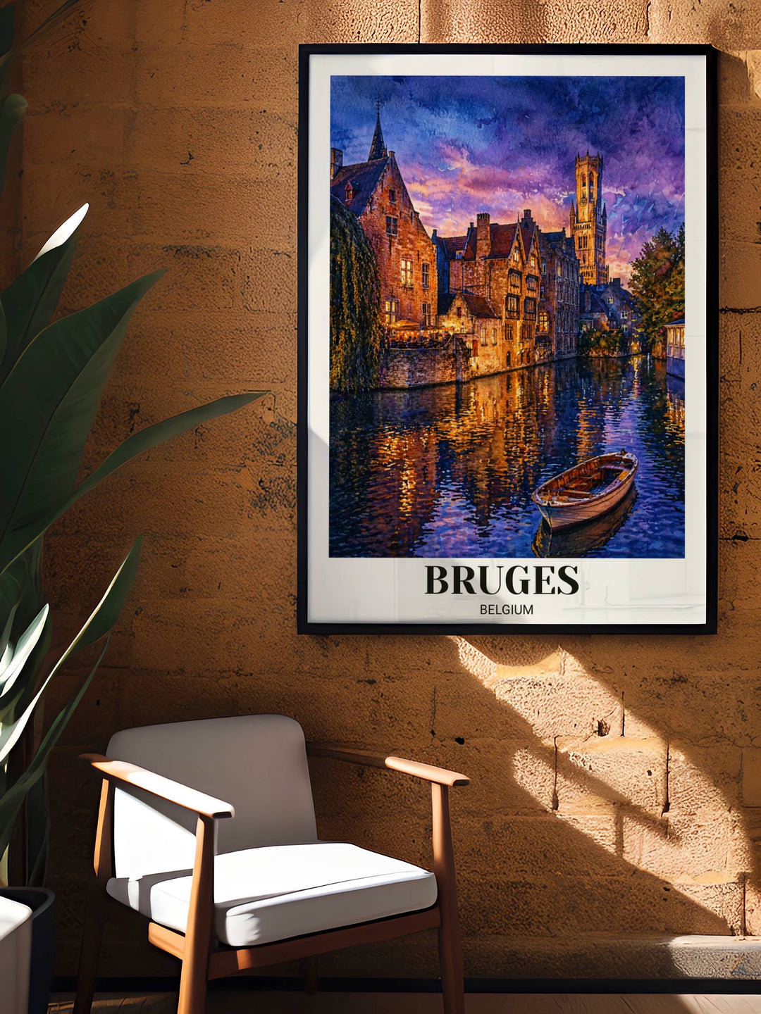 Vibrant watercolor painting of a Bruges canal at night with glowing windows and golden water reflections, available as a premium gallery-wrapped canvas.
