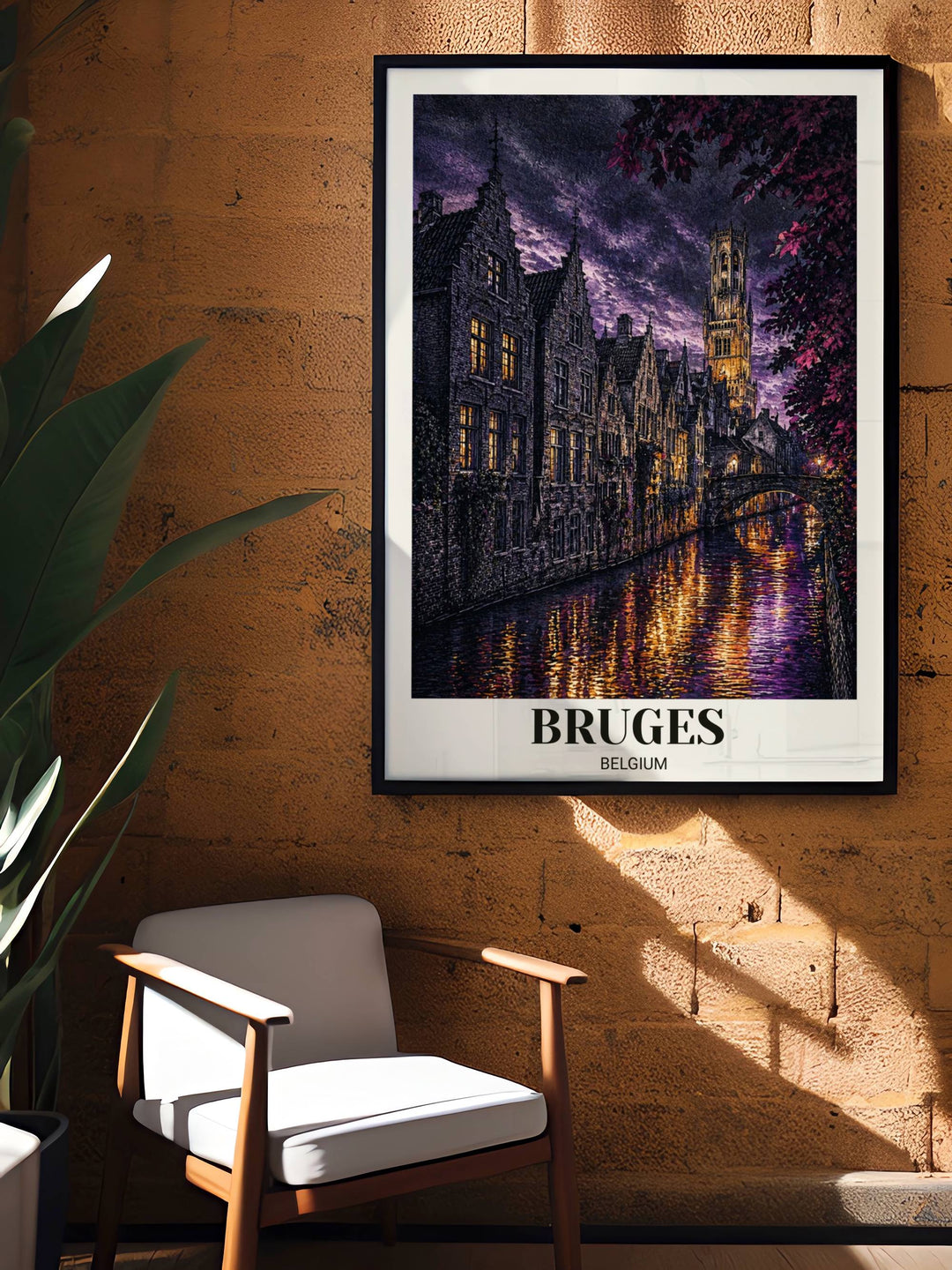 Vertical city landscape of Bruges at night with a stone bridge on the canal, rendered in thousands of fine etched lines for a tactile, high-definition luxury travel art experience.