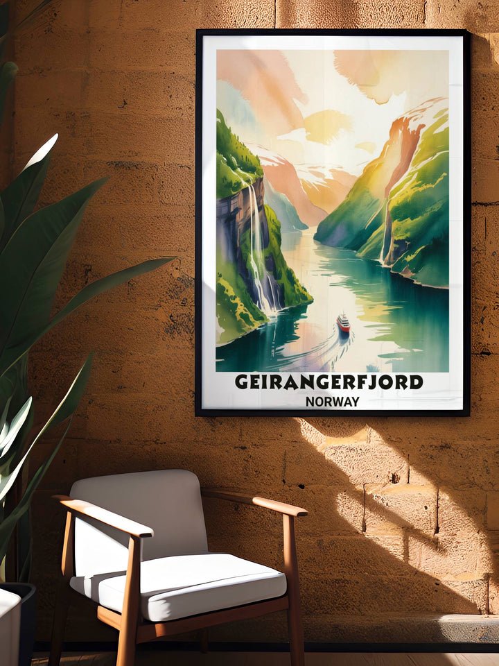 High-resolution canvas wall art of the Norwegian fjord landscape with a sunset glow, providing a sophisticated and calming atmosphere for bedroom or hallway wall decorations.