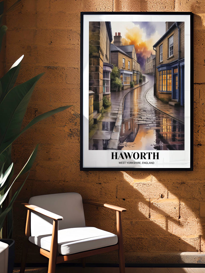 Sophisticated British travel poster of Haworth West Yorkshire, ideal for travelers and art lovers looking for a non-traditional, atmospheric take on the village.