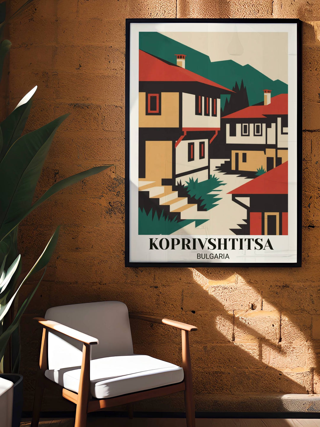 Contemporary geometric Koprivshtitsa poster with modern folk village representation, bold colors, minimalist composition, and digital illustration style