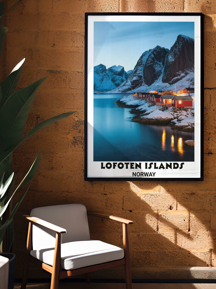 Premium Nordic landscape photography print showcasing Lofoten Islands winter scene with dramatic rocky mountains, illuminated traditional fishing cabins