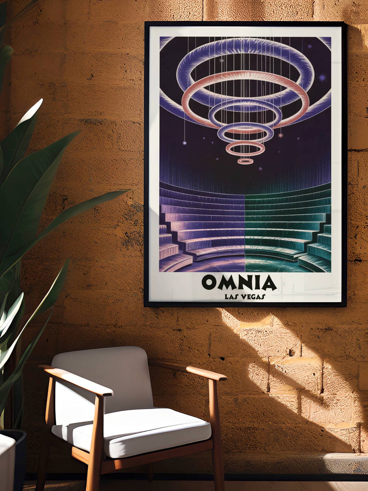Luxury meets emotion in this textured Omnia Las Vegas print, showcasing a stylized kinetic chandelier against an infinite dark void.