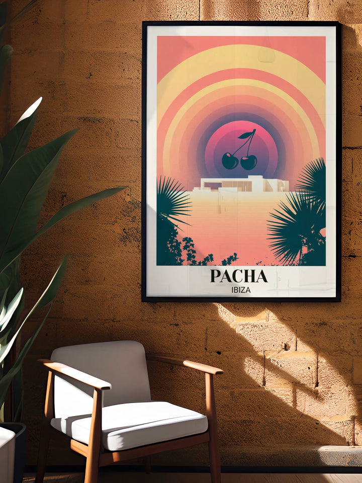 A visual journey to the heart of Ibiza: this premium Map Your Dreams poster features the iconic Pacha cherries set against an ethereal, multi-tonal sunset and sleek white villa.