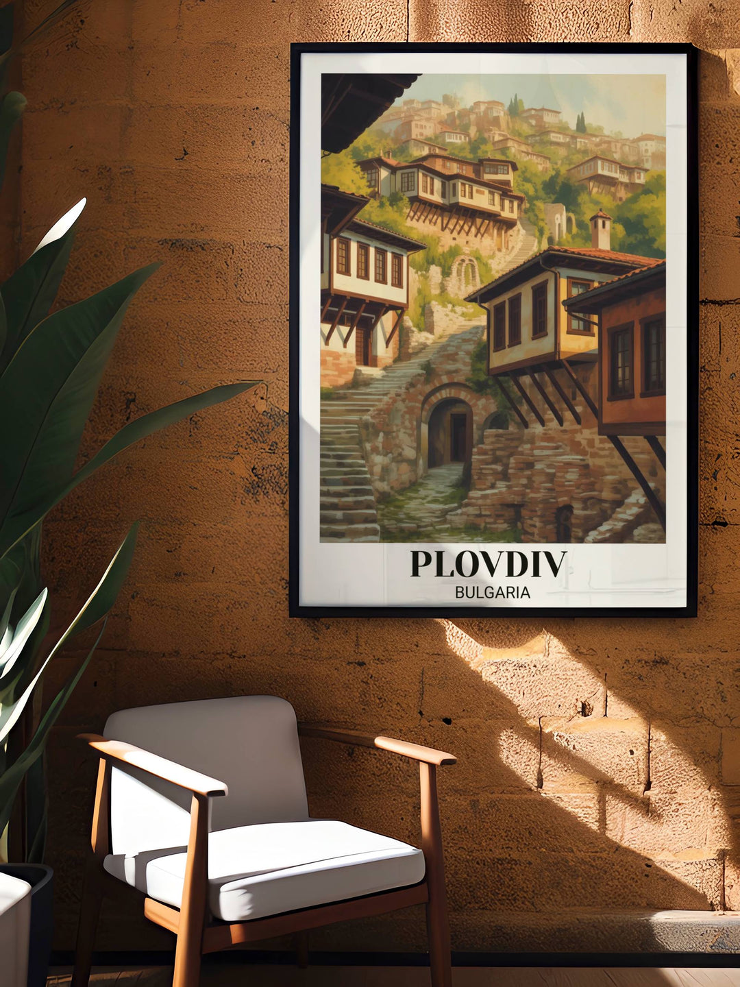 Vintage Plovdiv Bulgaria poster with historic old town charm, traditional hillside houses, cobblestone streets, warm colors, and museum-quality heritage artwork