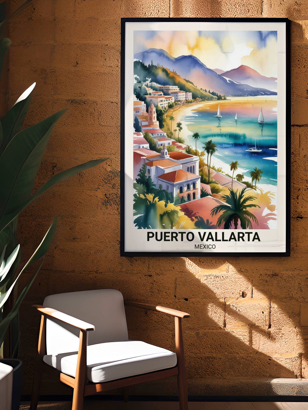 Elegant travel souvenir print of Puerto Vallarta featuring a clean white border and modern serif typography, capturing the historic soul of Mexico’s Pacific coast in watercolor.