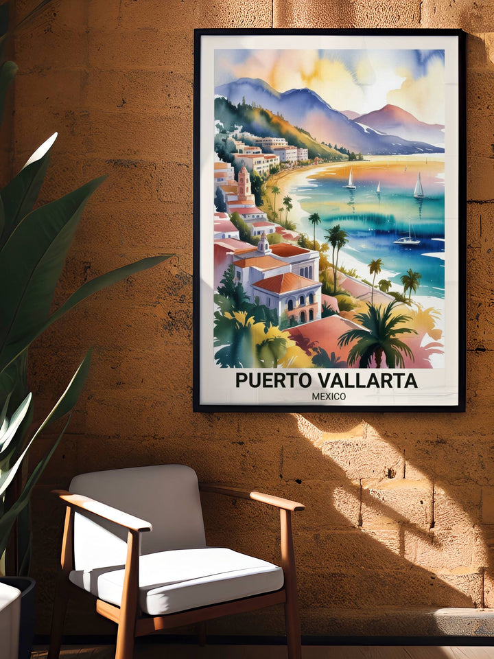 Elegant travel souvenir print of Puerto Vallarta featuring a clean white border and modern serif typography, capturing the historic soul of Mexico’s Pacific coast in watercolor.
