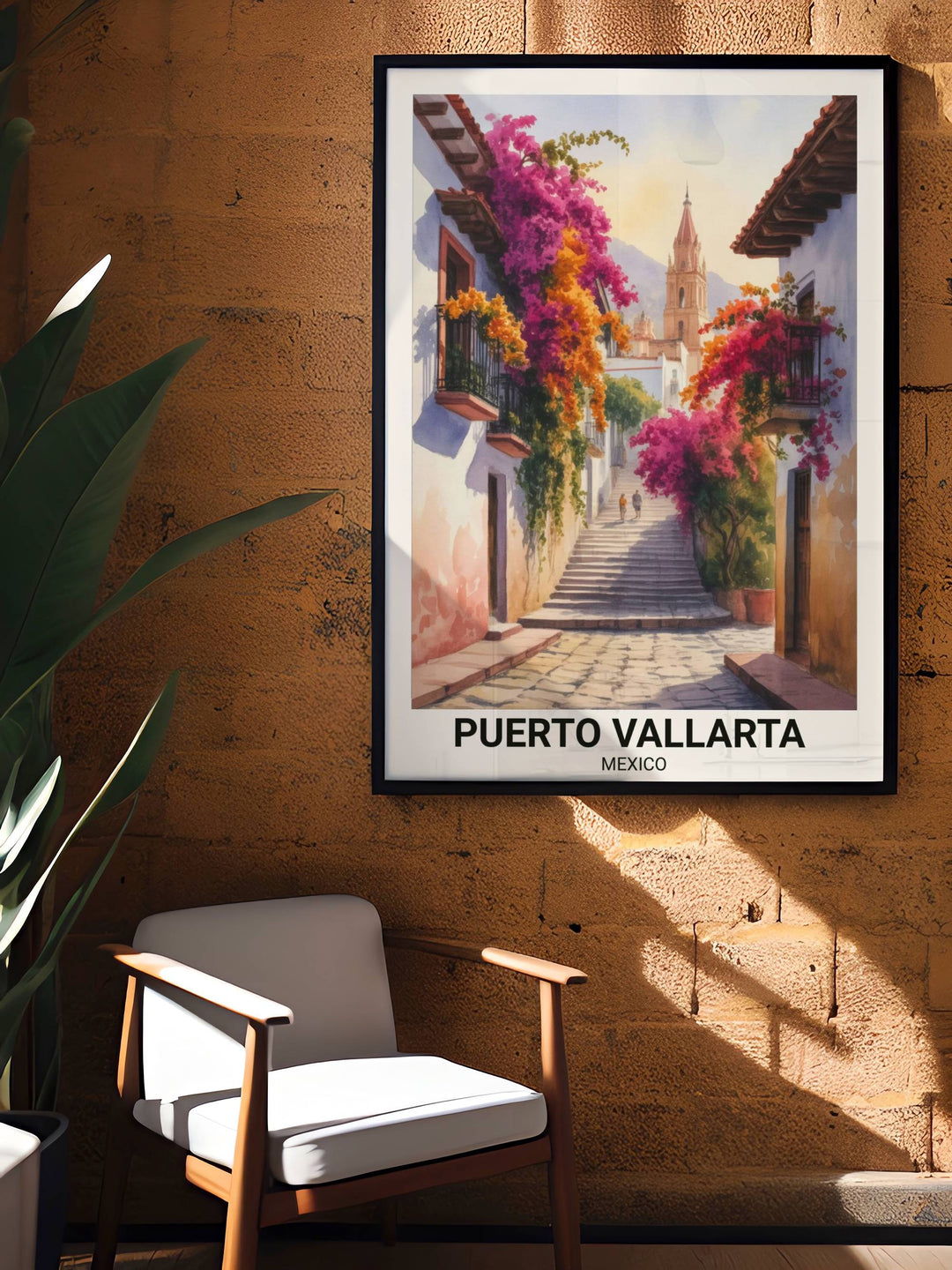Museum-grade art print of a cobblestone path in Puerto Vallarta Mexico, rendered in fluid watercolor washes that emphasize the warm incandescent glow of the city&