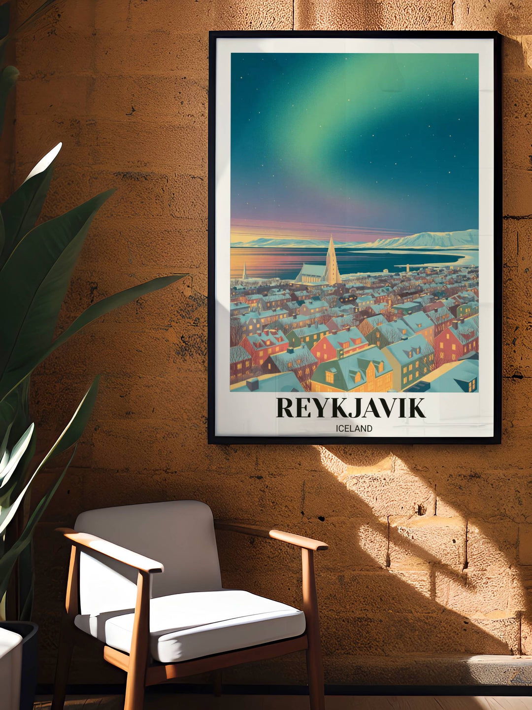 Artistic Reykjavik city print focusing on the iconic church architecture and the dramatic contrast of the Arctic horizon at twilight.