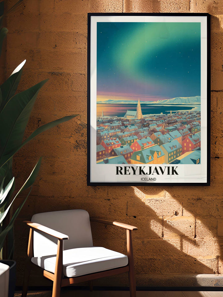 Artistic Reykjavik city print focusing on the iconic church architecture and the dramatic contrast of the Arctic horizon at twilight.