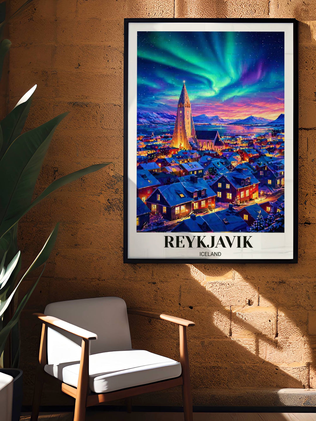 Vibrant Iceland landscape art showing the Hallgrimskirkja cathedral rising above colorful gabled houses under a starry sky filled with intense green aurora borealis streaks.