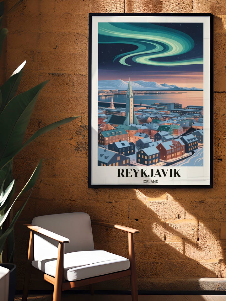 Vibrant landscape art of the northern lights over Reykjavik featuring detailed city rooftops and the massive Hallgrimskirkja monument.