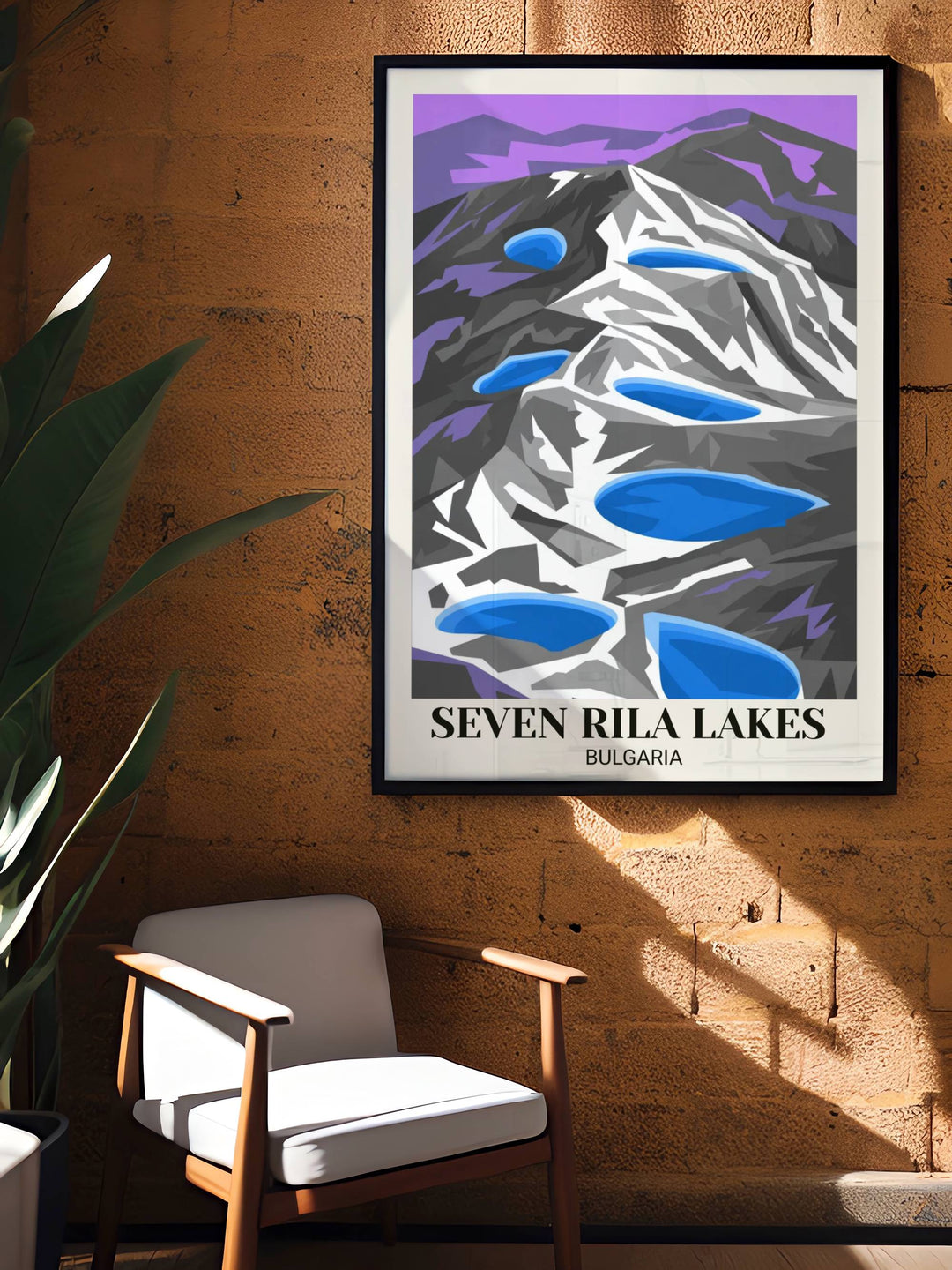 Modern Rila Lakes travel art with bold geometric mountains, striking electric and cool color palette, minimalist design, and contemporary alpine aesthetic
