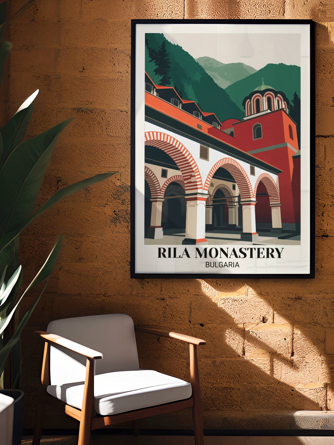 Contemporary Rila Monastery minimalist travel poster featuring bold geometric arches, striking color contrasts, forest green mountains, and modern design approach
