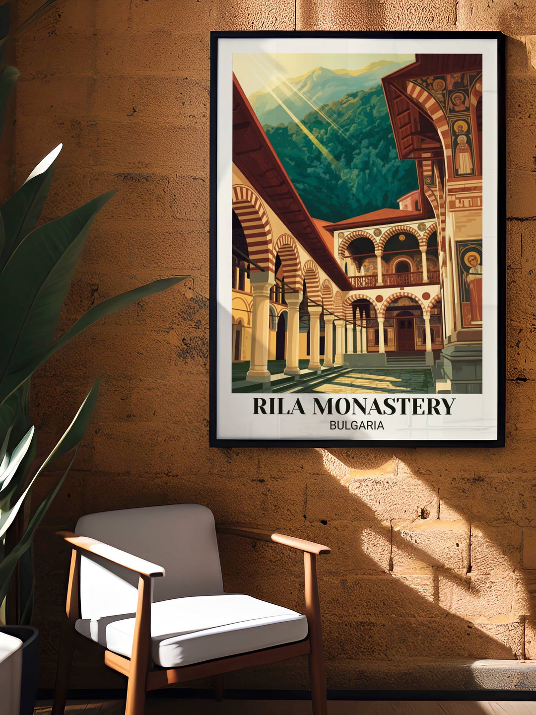 Vintage Rila Monastery Bulgaria poster with architectural arches, Byzantine monastery compound, religious heritage, golden light, and museum-quality vintage design
