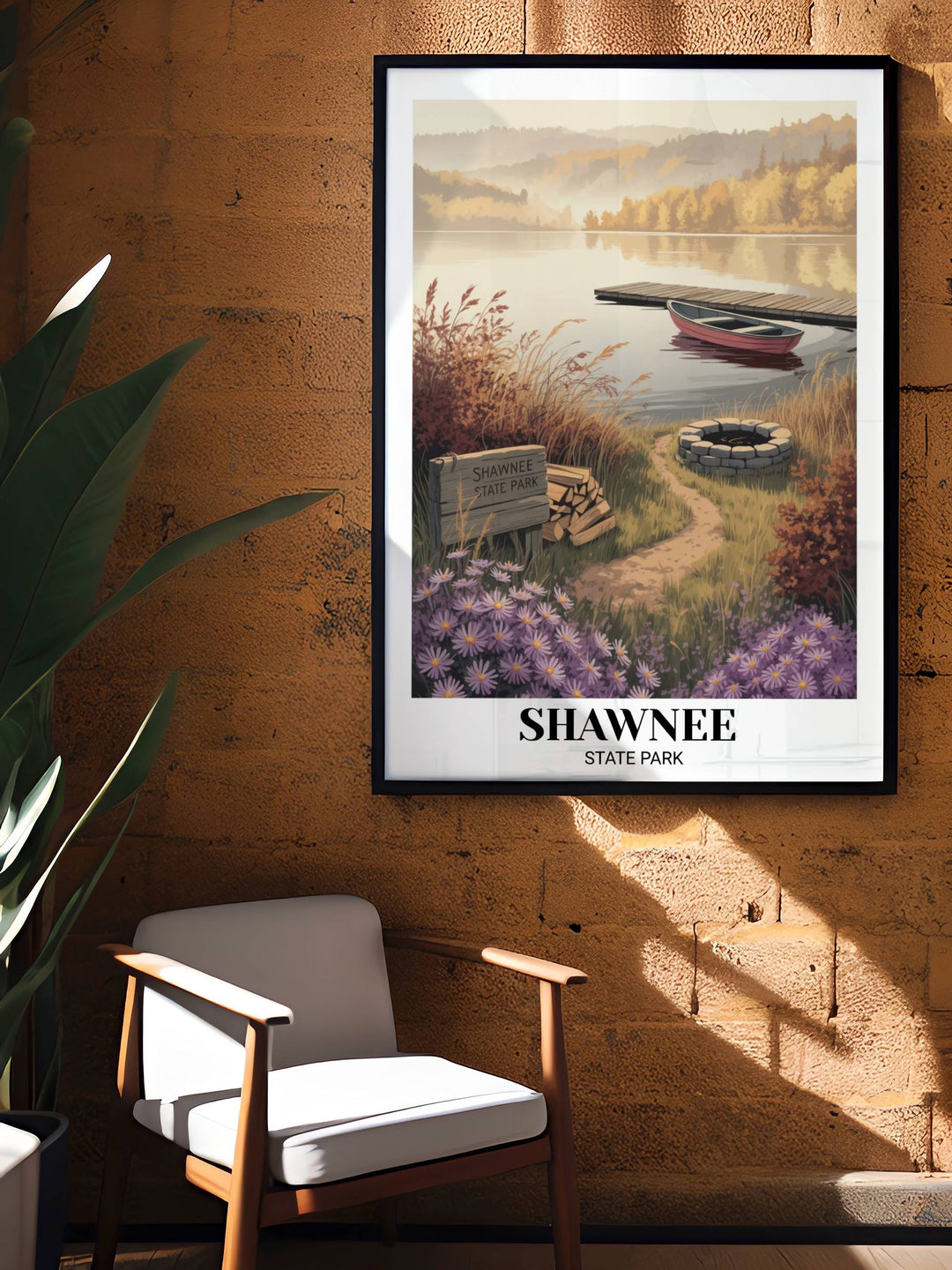 Modern vintage Shawnee State Park poster showing a misty morning landscape with a winding trail and autumn trees, perfect for hikers and nature enthusiasts who love Ohio parks.