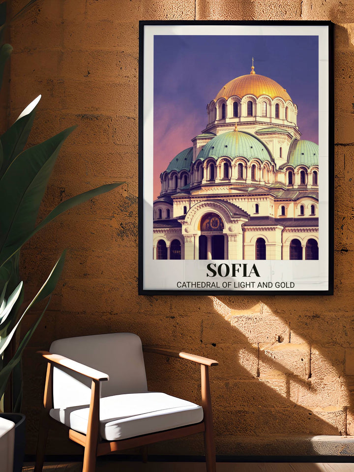 Travel poster of Alexander Nevski Cathedral Sofia in vintage style showing iconic golden dome, neoclassical Byzantine architecture, intricate details, and sophisticated artistic rendering