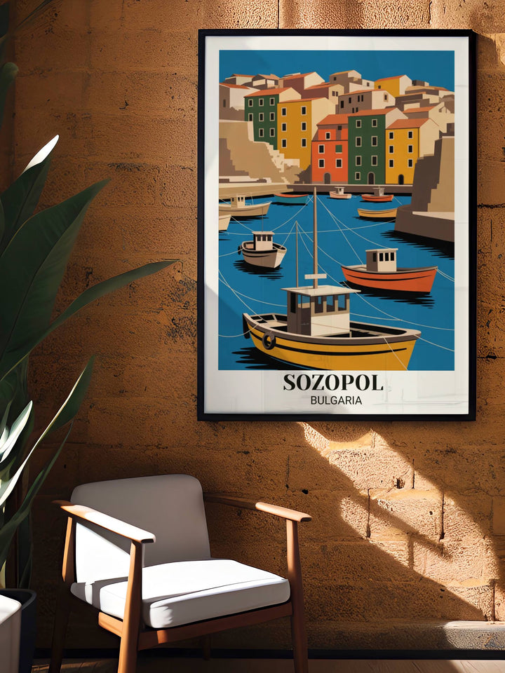 Modern Sozopol travel art with bold geometric forms, striking mustard and orange palette, minimalist design, and contemporary bohemian aesthetic