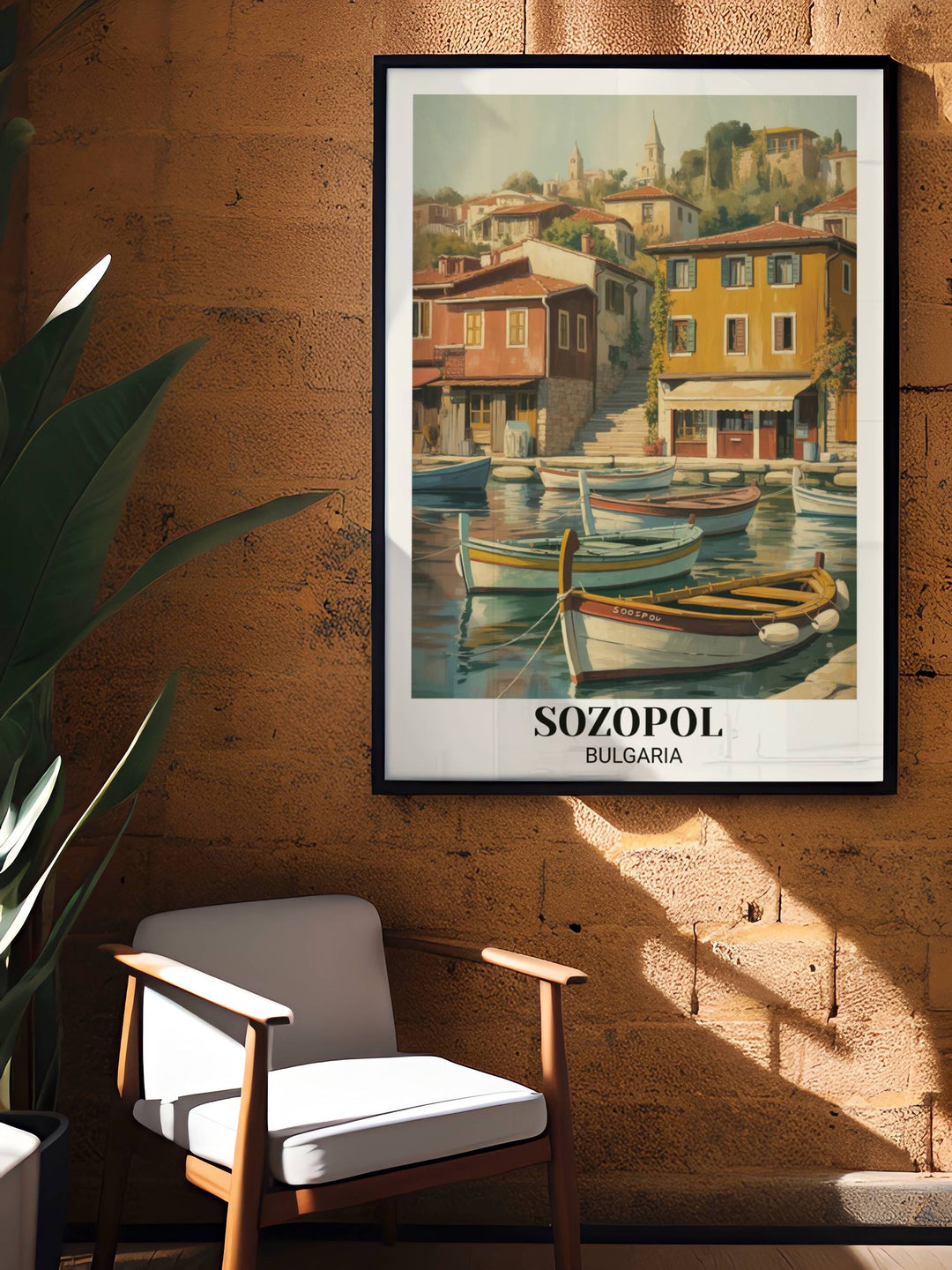 Vintage travel poster celebrating Sozopol Bulgaria with charming harbor, traditional fishing boats, colorful buildings, bohemian character, and romantic coastal aesthetic
