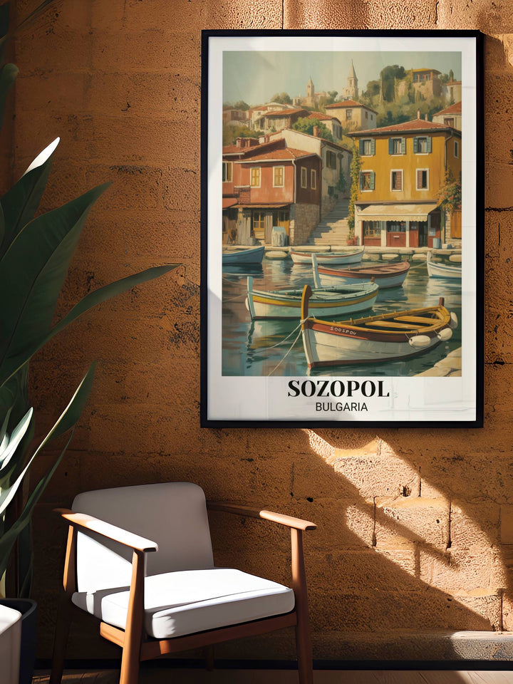 Vintage travel poster celebrating Sozopol Bulgaria with charming harbor, traditional fishing boats, colorful buildings, bohemian character, and romantic coastal aesthetic
