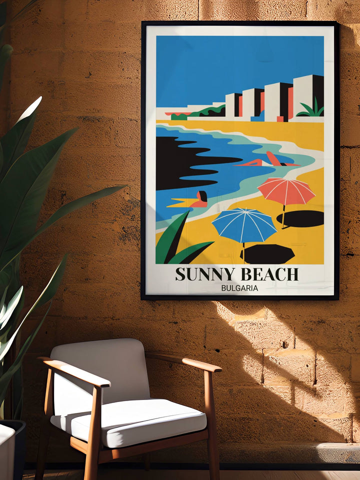Modern Sunny Beach travel art with bold geometric beach elements, striking electric and warm color palette, minimalist design, and contemporary vacation aesthetic