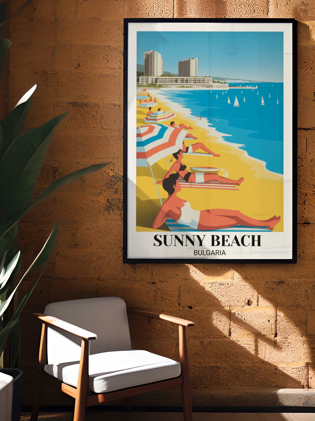 Vintage Sunny Beach Bulgaria poster with mid-century resort beach, colorful umbrellas, sunbathers, turquoise sea, sailboats, and museum-quality retro vintage artwork
