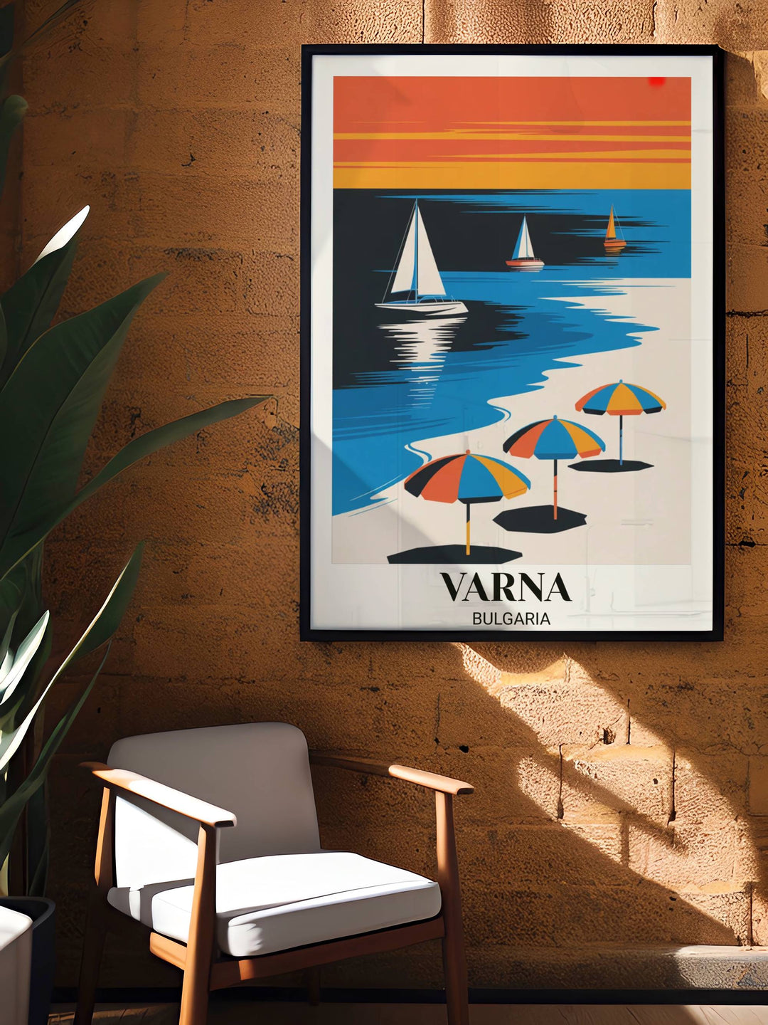 Modern minimalist Varna Bulgaria travel poster with geometric sailboats, beach umbrellas, bold color theory, electric blues, oranges, and digital illustration artwork
