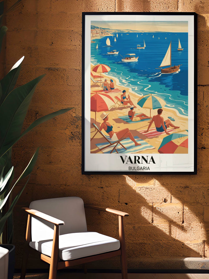 Vintage Balkantourist Bulgaria poster celebrating Varna beach destination with mid-century style tourists, sailing boats, colorful umbrellas, and nostalgic seaside charm
