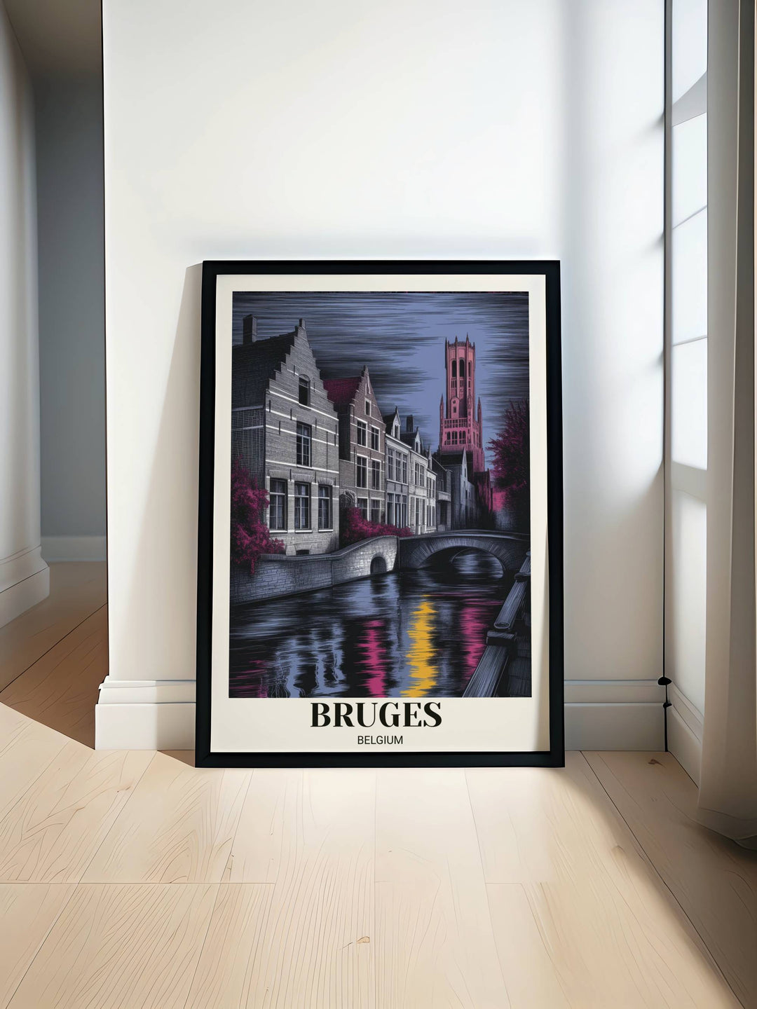 Vertical graphic art print of Bruges, Belgium, featuring a bold etched style with a striking pink Belfry tower and deep indigo sky over a medieval canal and stone bridge.
