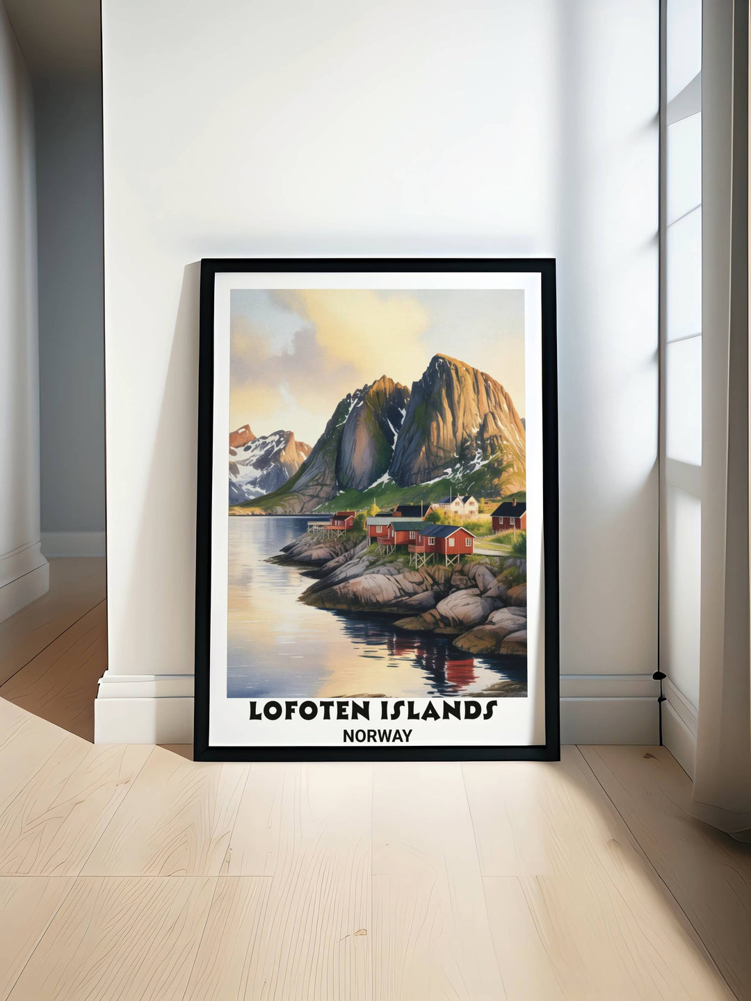 Professional landscape wall art of Hamnøy Lofoten showing traditional rorbuer huts and massive snow-dusted granite cliffs reflecting in the calm Arctic fjord water for home decor.