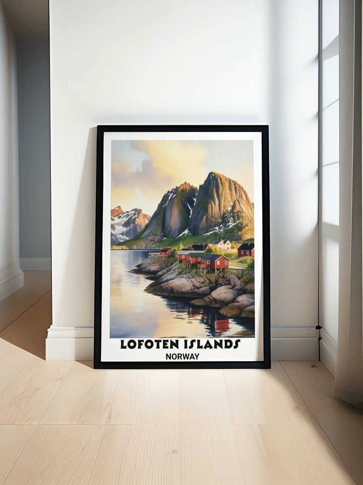 Professional landscape wall art of Hamnøy Lofoten showing traditional rorbuer huts and massive snow-dusted granite cliffs reflecting in the calm Arctic fjord water for home decor.