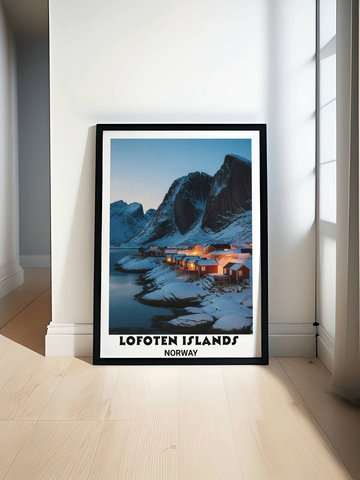 A vertical winter travel poster of the Lofoten Islands Norway at blue hour featuring a row of glowing red fishing cabins on stilts nestled against massive snow-covered mountains.