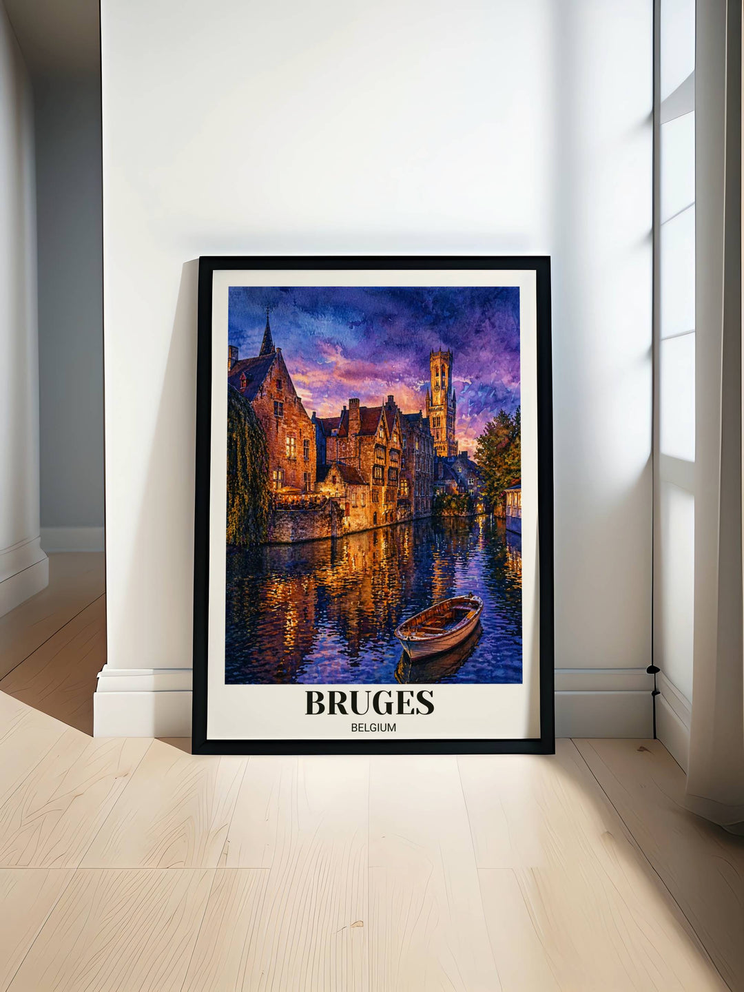 Vertical watercolor art print of Bruges, Belgium, featuring a peaceful canal with a rowboat, historic brick houses, and the Belfry tower under a vibrant purple and orange sunset.