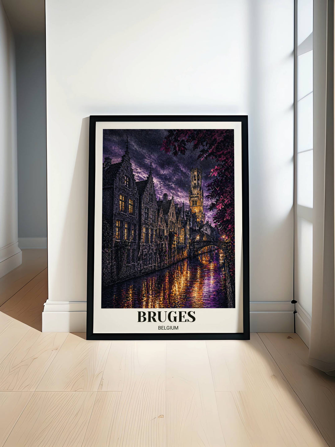 High-end Belgium travel poster of Bruges with Venice of the North text, showing molten-gold water reflections and indigo Gothic buildings in a sophisticated etched aesthetic.
