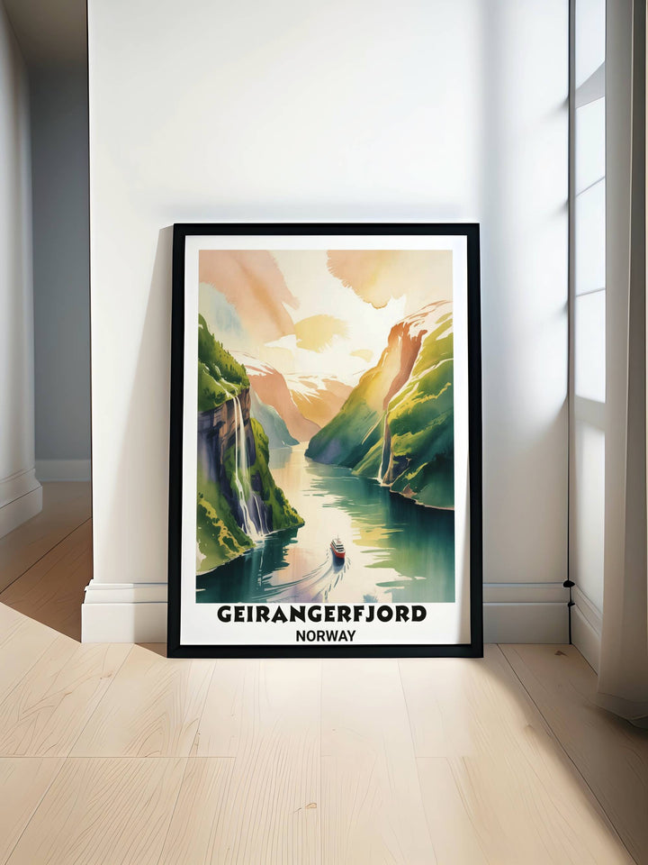 A vertical watercolor travel poster of Geirangerfjord Norway showing the iconic Seven Sisters waterfalls and a red cruise ship sailing through turquoise water with a cream border.