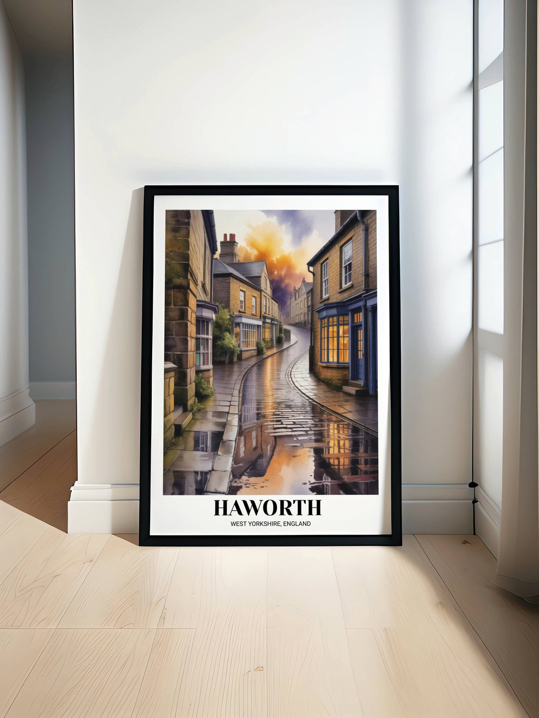 Atmospheric Bronte Country wall art featuring the steep Main Street of Haworth with glowing shop windows and deep purple evening shadows on premium matte paper.
