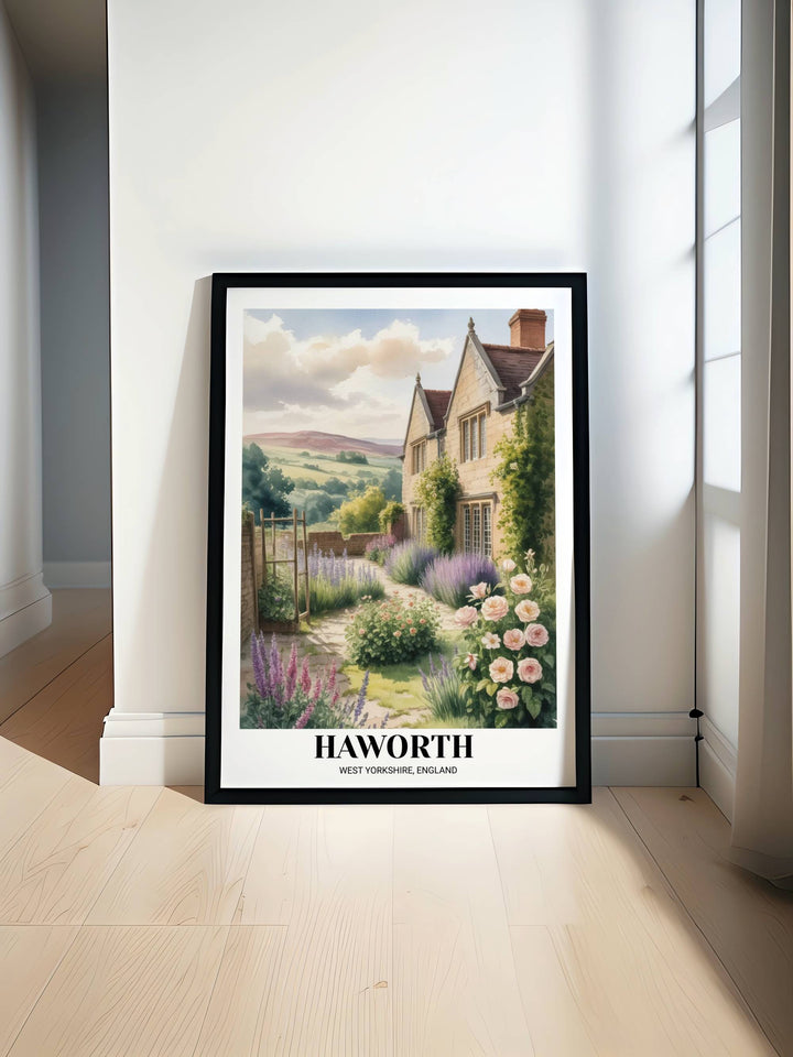 Brontë Parsonage Garden Haworth travel poster featuring a lush floral watercolor of the historic stone house surrounded by foxgloves and wild roses in Yorkshire.