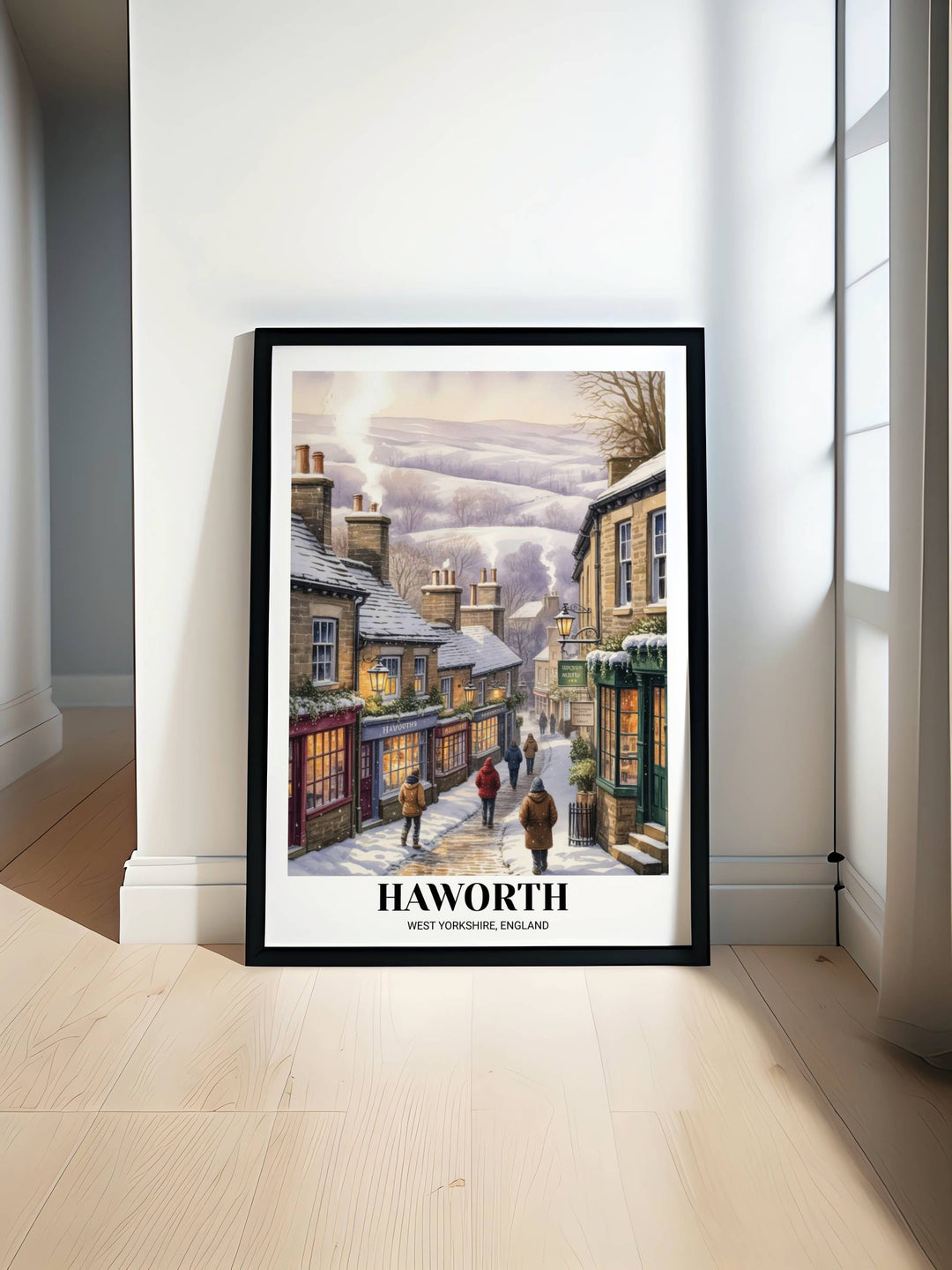 Detailed art print of Haworth Main Street in winter, highlighting the contrast between blue snow shadows and glowing amber interior lights on matte paper.