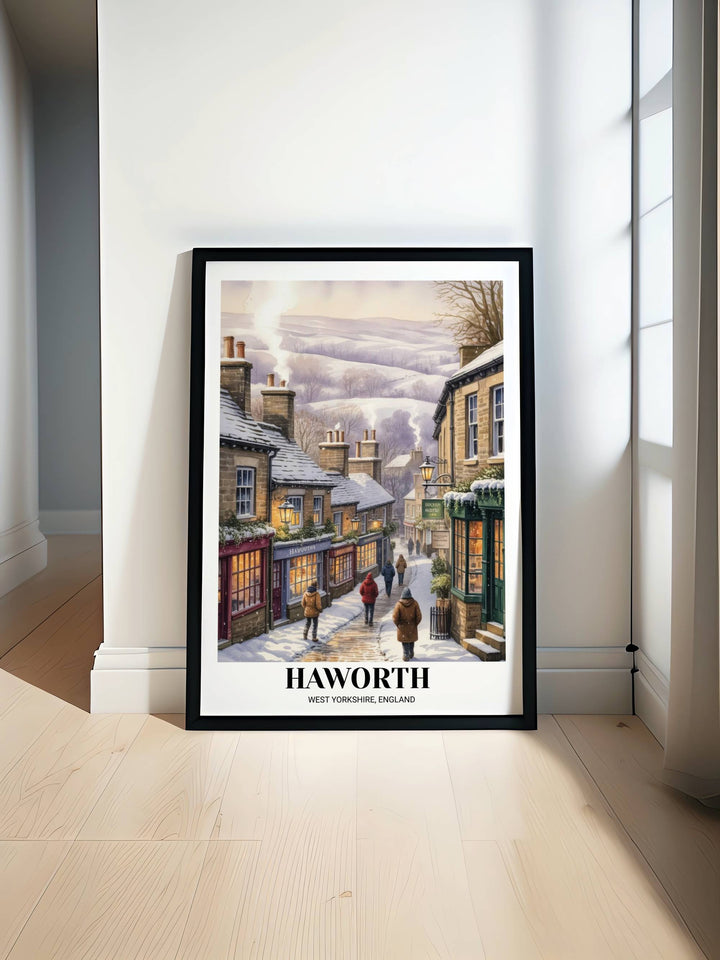 Detailed art print of Haworth Main Street in winter, highlighting the contrast between blue snow shadows and glowing amber interior lights on matte paper.