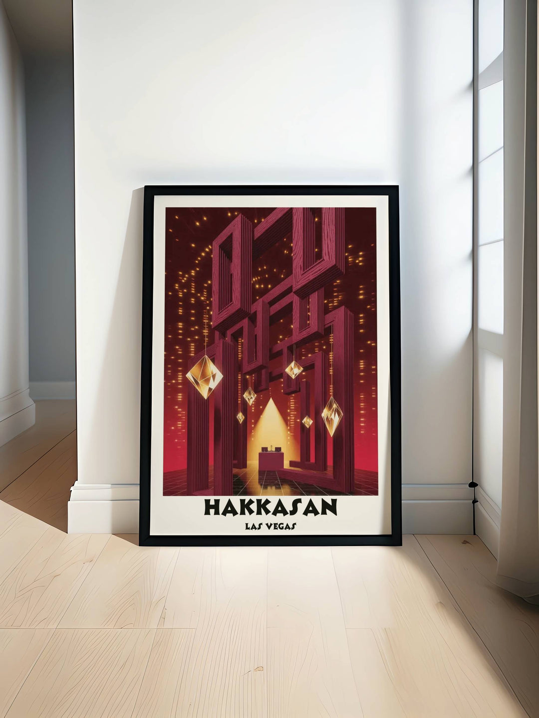 Map Your Dreams Hakkasan Las Vegas Obsidian Constellation art print featuring stacked burgundy wood lattice frames and a black marble floor in a Riso-Surrealist style.