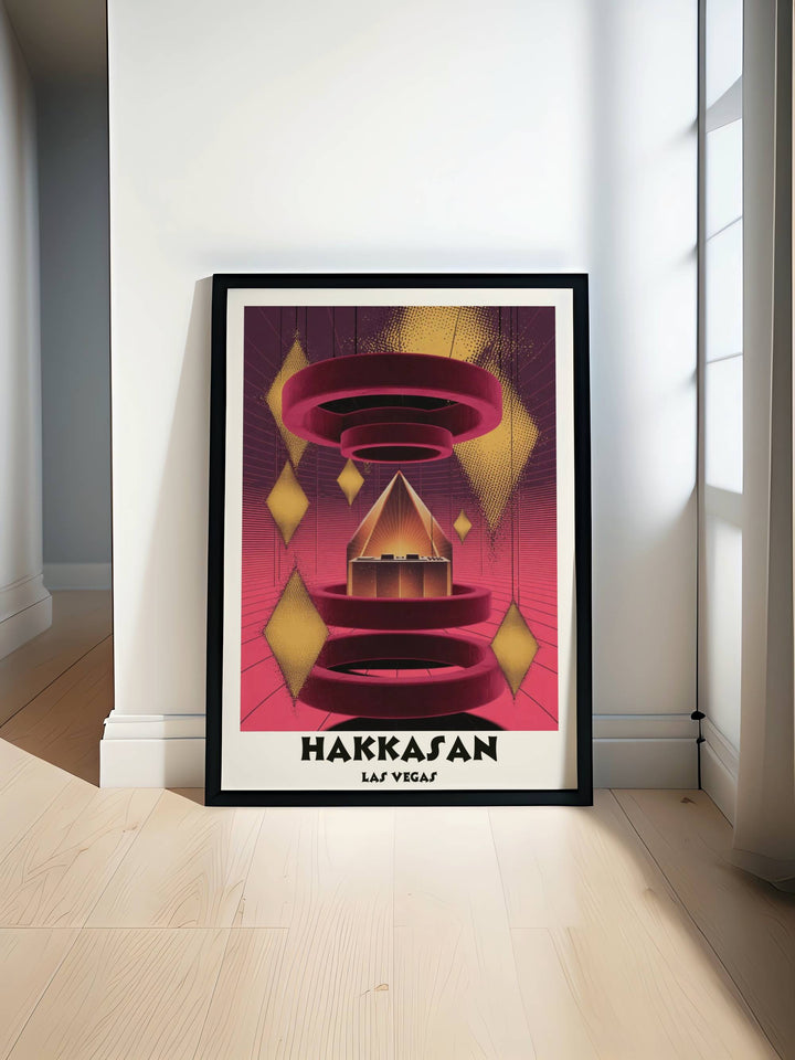 Map Your Dreams Hakkasan Las Vegas Crimson Altar art print featuring floating burgundy velvet rings and a golden geometric pyramid in a sophisticated Riso-Surrealist style.