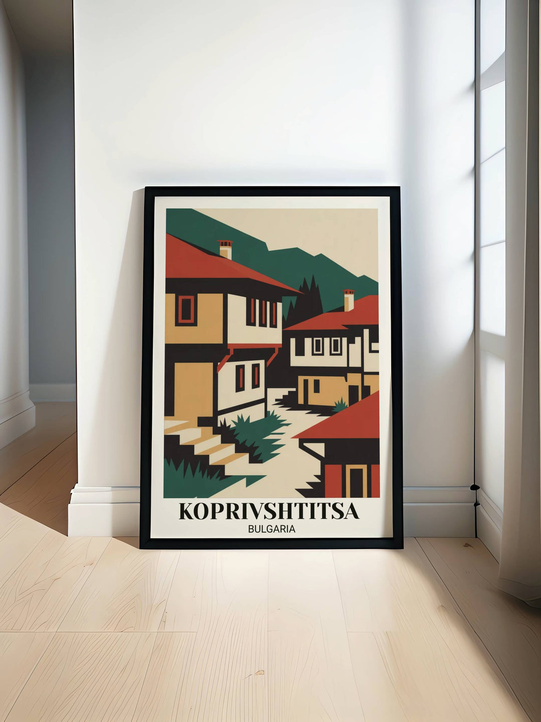 Modern minimalist Koprivshtitsa Bulgaria travel poster with bold geometric folk village design, red tile roofs, cream buildings, forest greens, clean lines, and contemporary style
