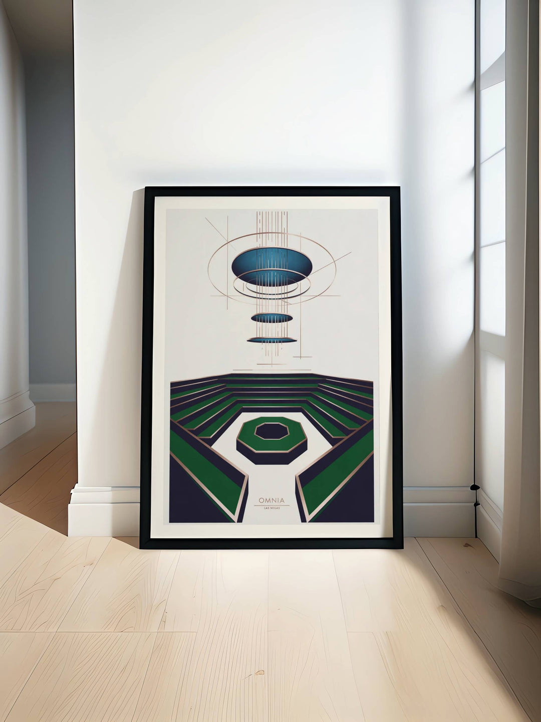 Minimalist architectural art print of Omnia Las Vegas featuring the kinetic chandelier and tiered amphitheater seating in a Bauhaus style.