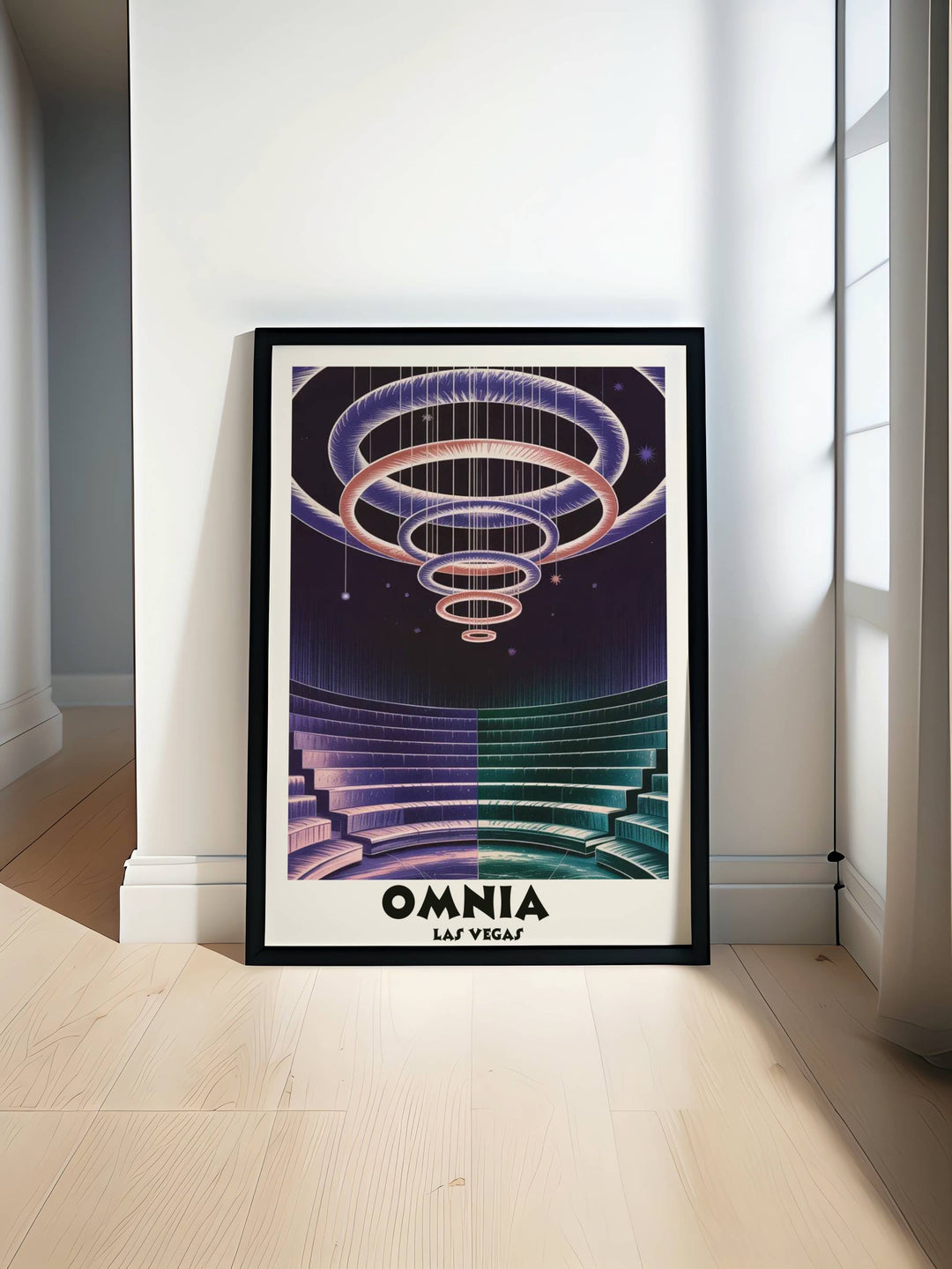 Ethereal Riso-surrealist art print of Omnia Las Vegas featuring a glowing kinetic chandelier suspended over purple and teal amphitheater seating.