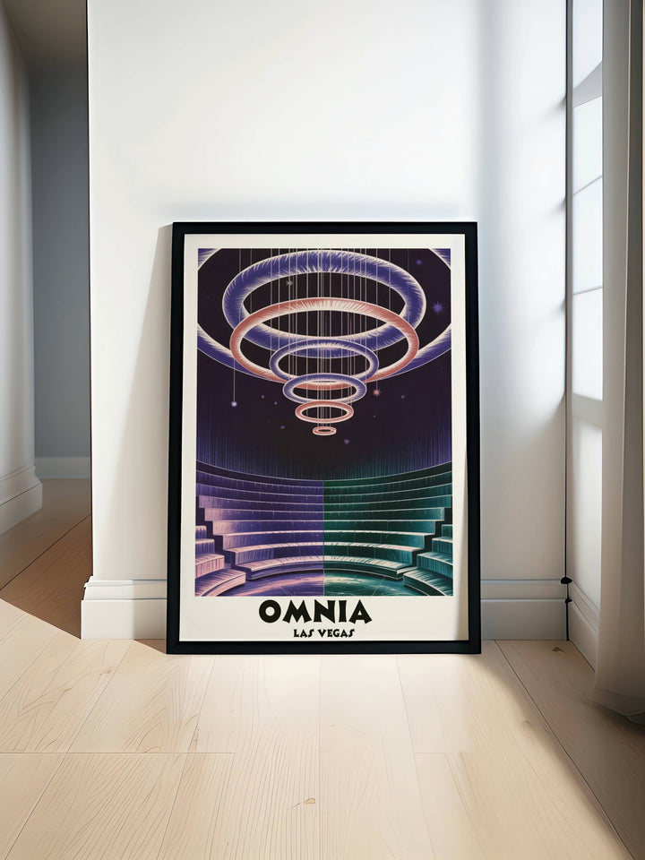 Ethereal Riso-surrealist art print of Omnia Las Vegas featuring a glowing kinetic chandelier suspended over purple and teal amphitheater seating.