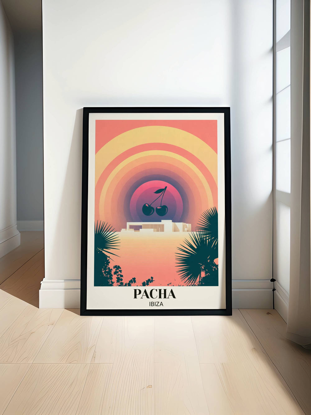 Transform your walls with this Map Your Dreams exclusive Pacha Ibiza "The Dreamscape" print, featuring a hypnotic rainbow sunset and the iconic cherry silhouette in a gallery-style layout.
