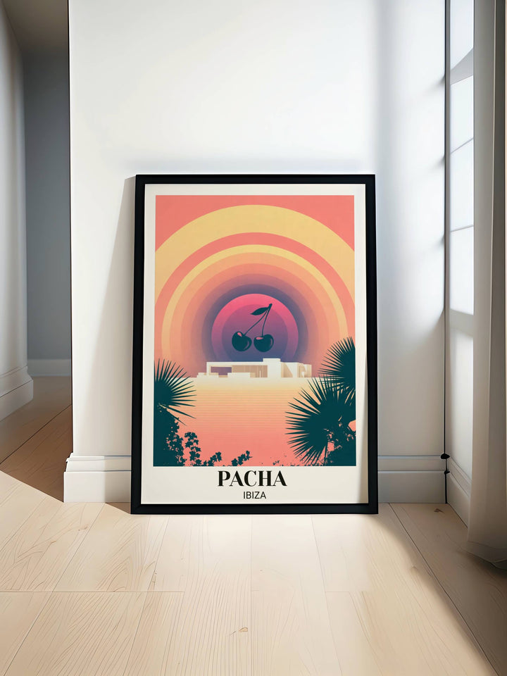Transform your walls with this Map Your Dreams exclusive Pacha Ibiza "The Dreamscape" print, featuring a hypnotic rainbow sunset and the iconic cherry silhouette in a gallery-style layout.