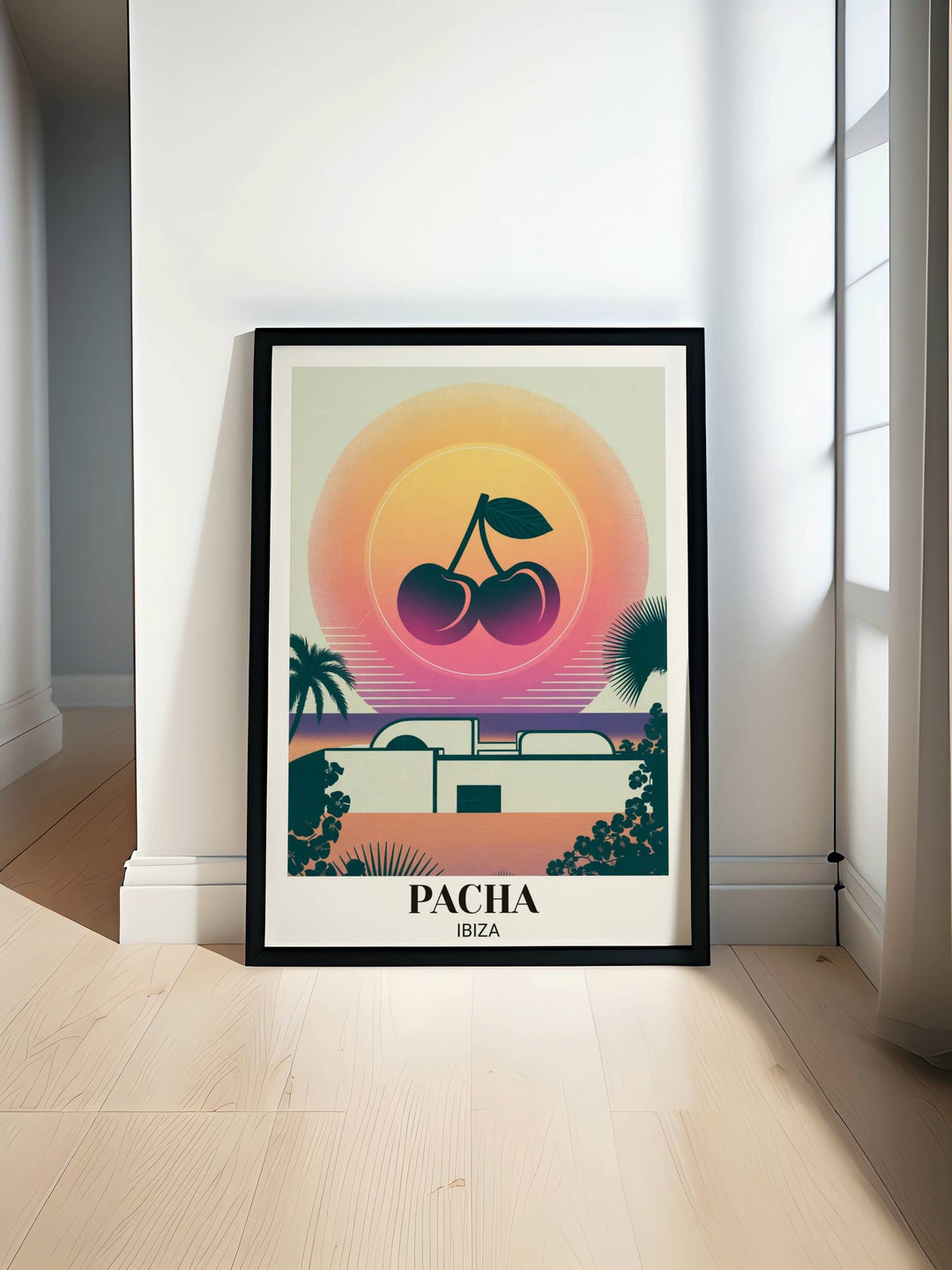 Elevate your space with this premium Pacha Ibiza art print from Map Your Dreams, featuring the iconic cherries against a retro-futurist Mediterranean sunset dreamscape.