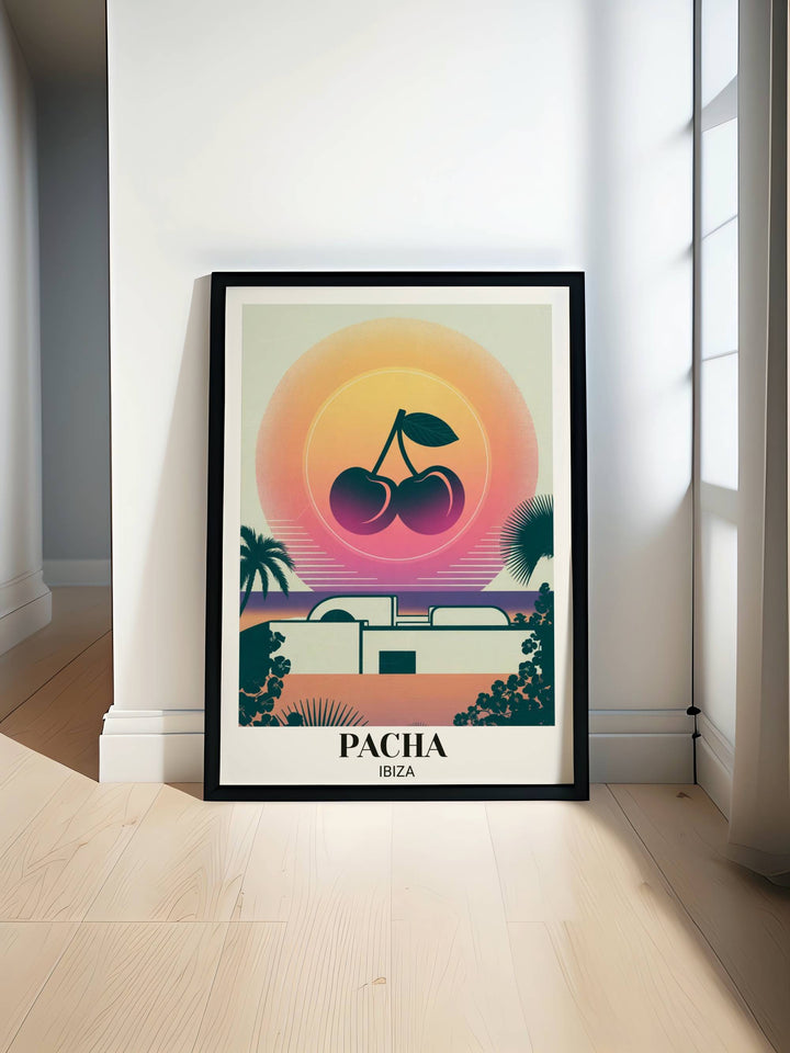 Elevate your space with this premium Pacha Ibiza art print from Map Your Dreams, featuring the iconic cherries against a retro-futurist Mediterranean sunset dreamscape.