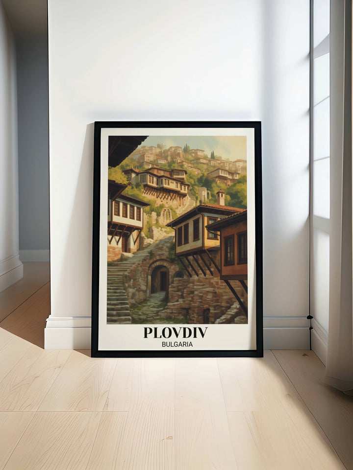 Vintage Plovdiv Bulgaria travel poster showing ancient old town with stepped hillside houses, cobblestone streets, Roman heritage, warm sunlight, and historic architecture
